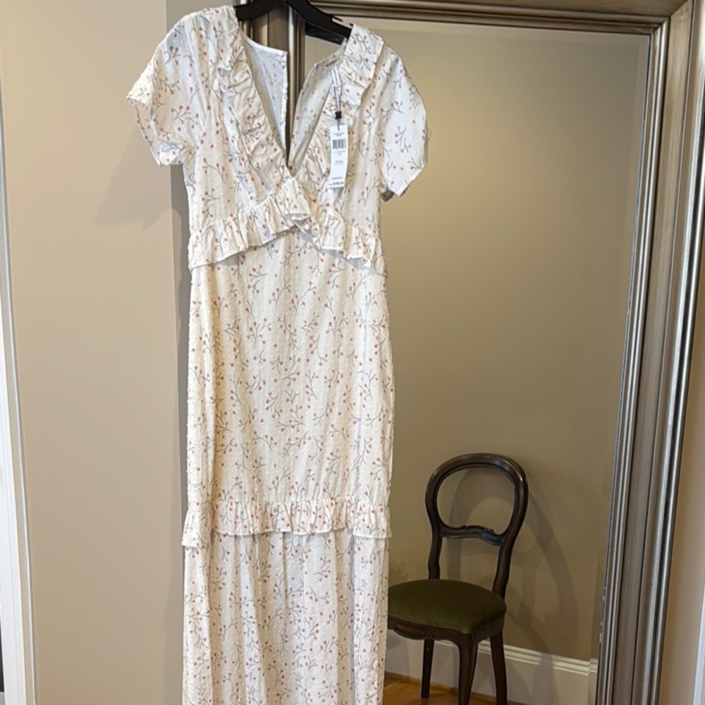 BCBGeneration Antique White dainty floral Maxi Dress with Plunge Neckline